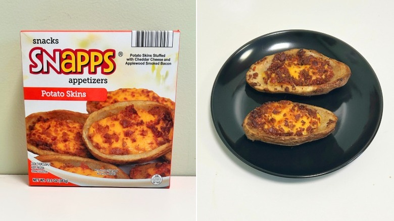 A box of Snapps Potato Skins next to a black plate of potato skins