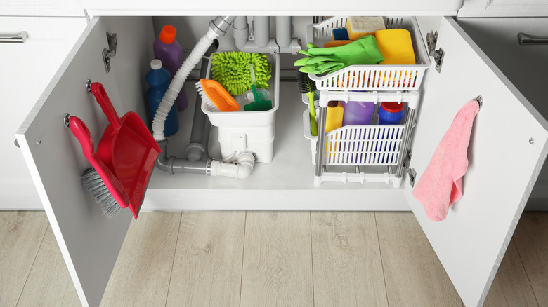 Organized leaning supplies in open cupboard under kitchen sink