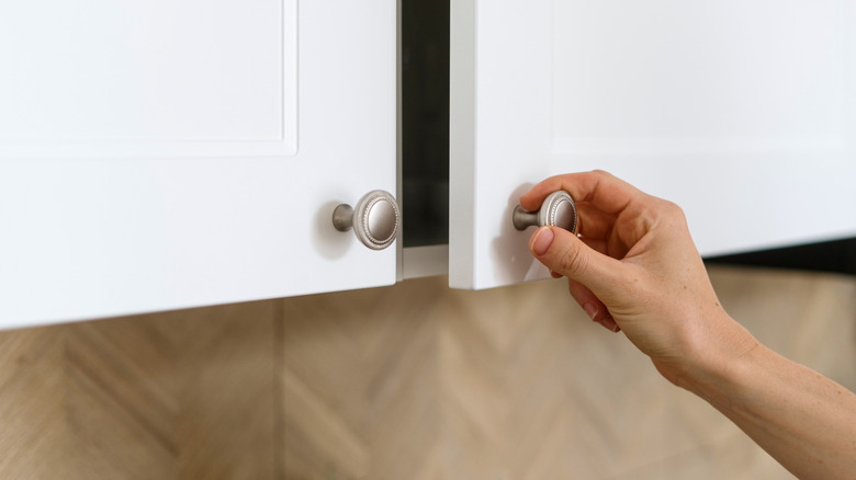 Close-up on a hand opening a cupboard door