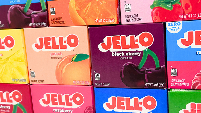 Close up of several Jell-O packets stacked atop one another