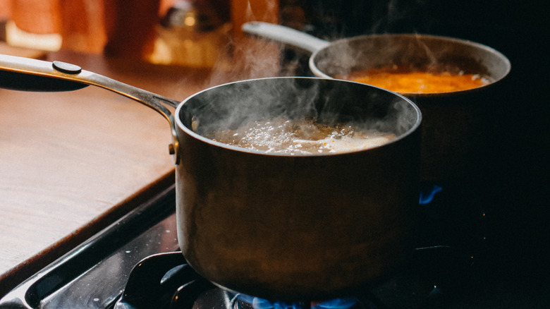Two pots of soup boiling on a gas stove