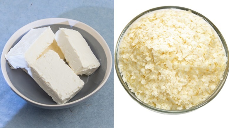 A bowl of cream cheese on a blue background side-by-side with a bowl of potato flakes on a white background
