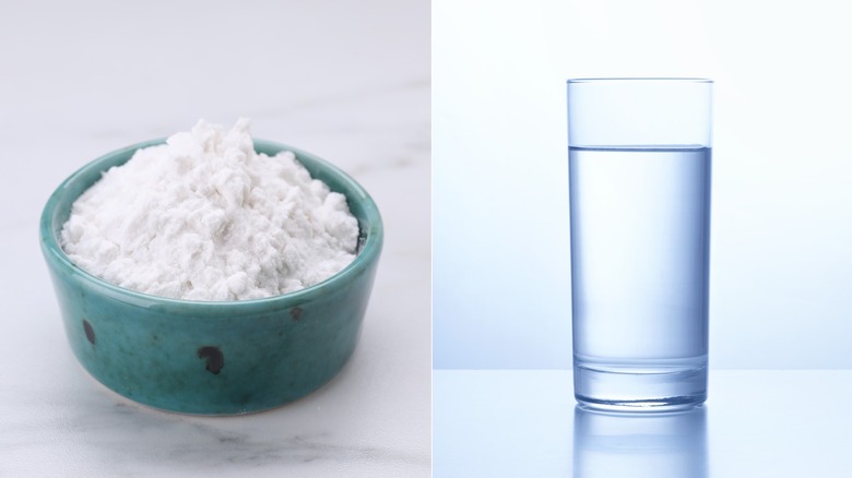 A bowl of cornstarch and glass of water, side-by-side