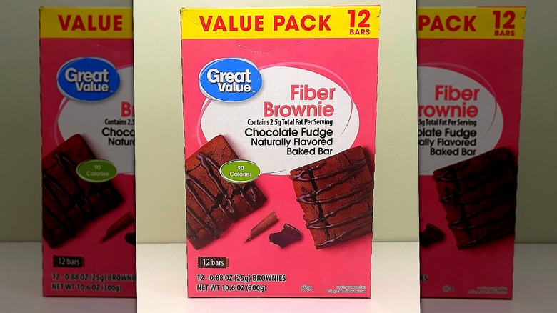 A package of Great Value Fiber Brownies on a green and white background