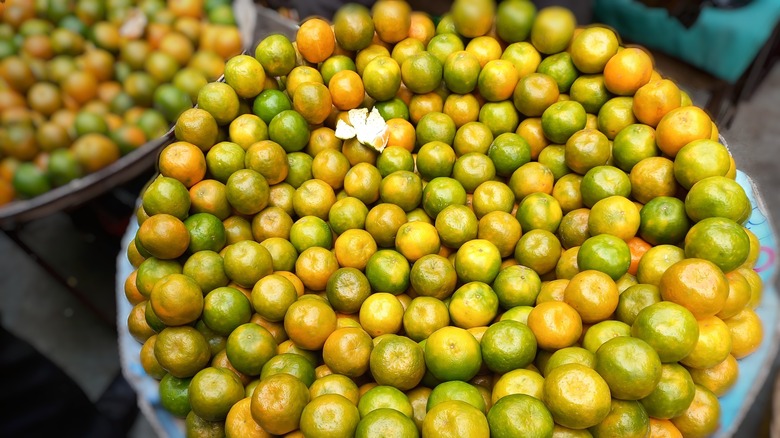 A selection of clementines, some of them with green skin