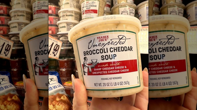 Hand holding a tub of Trader Joe's Unexpected Broccoli Cheddar Soup