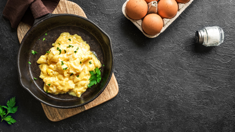 Scrambled eggs in cast iron skillet