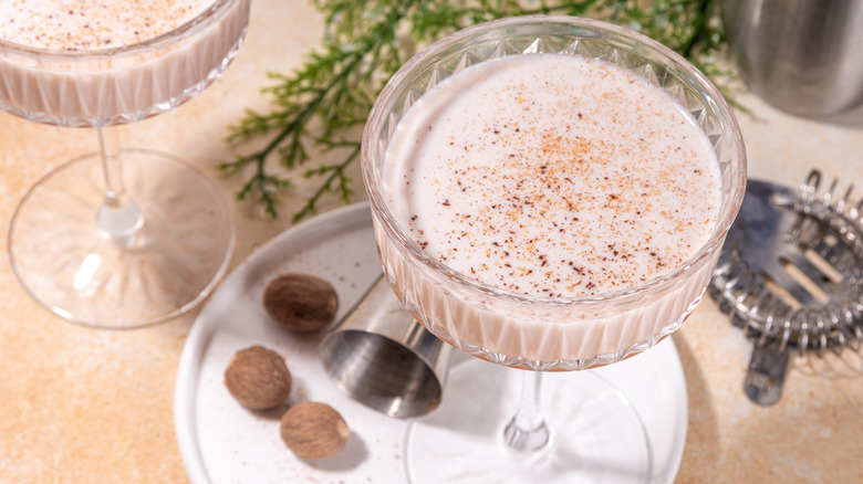 Close-up overhead view of two brandy Alexander cocktails