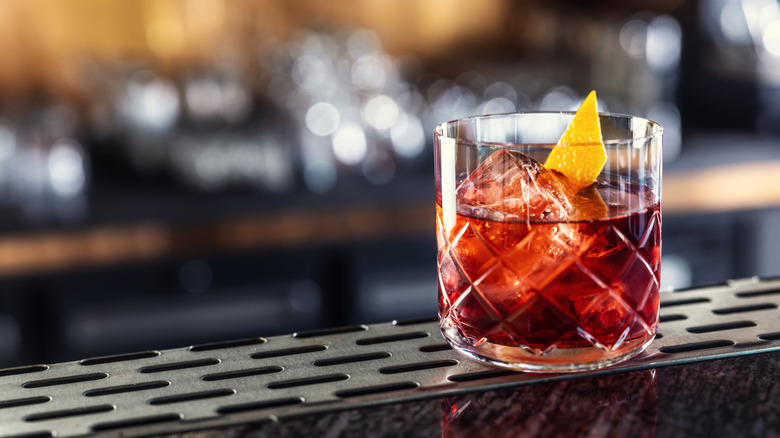 Negroni cocktail perched on bartop