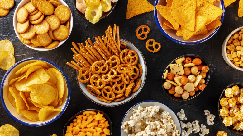 Overhead view of a selection of snacks