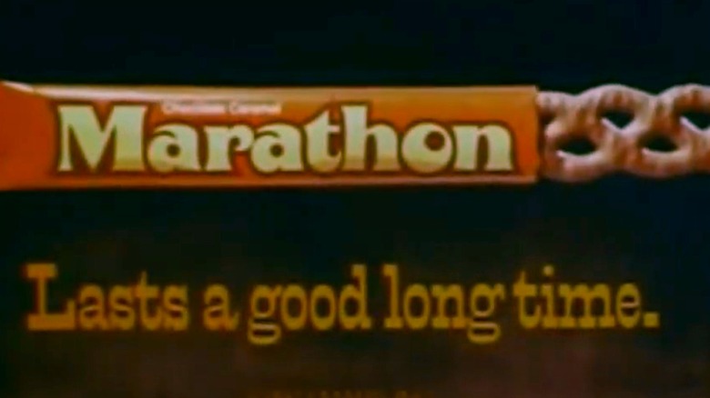 Still from a 1975 Marathon Bar commercial, showcasing Marathon Bar wrapper and candy
