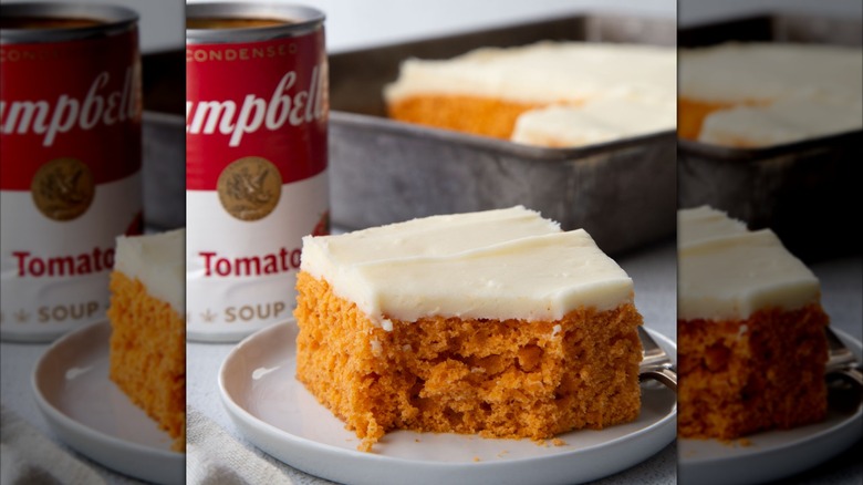 A can of Campbell's tomato soup and a slice of cake