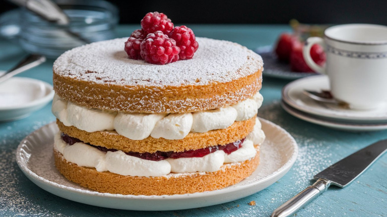 A Victoria sponge cake layered with cream and raspberry jam