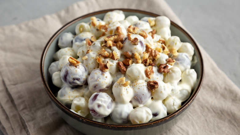 Close up of creamy grape salad in a bowl