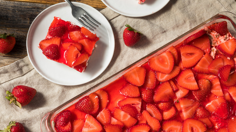 Serving of strawberry pretzel salad on white plate