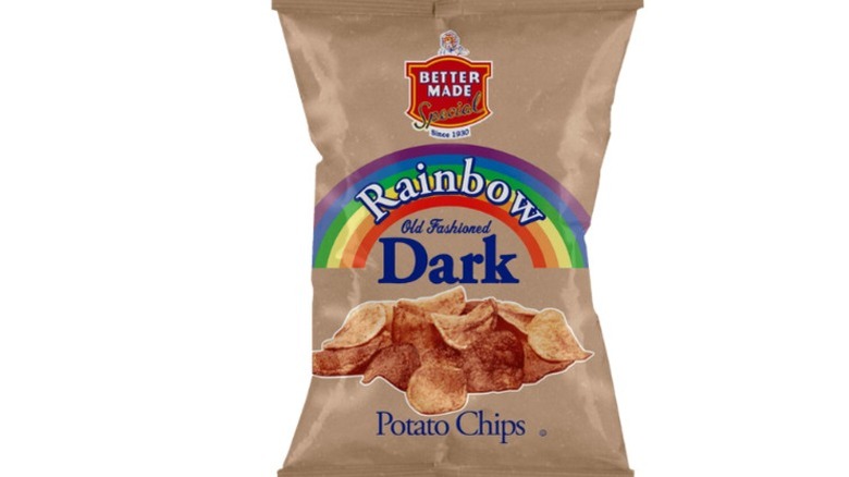 A tan bag of Better Made Old Fashioned Rainbow Dark potato chips.