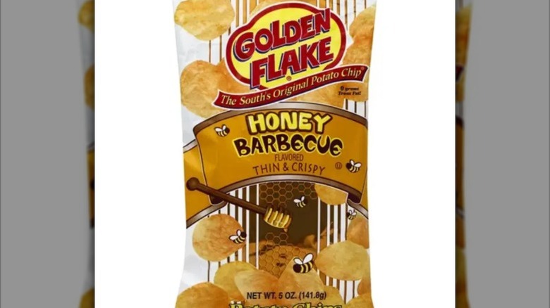 A bag of Golden Flake Honey Barbecue chips.