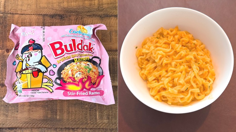 Buldak Carbonara ramen packet and noodles