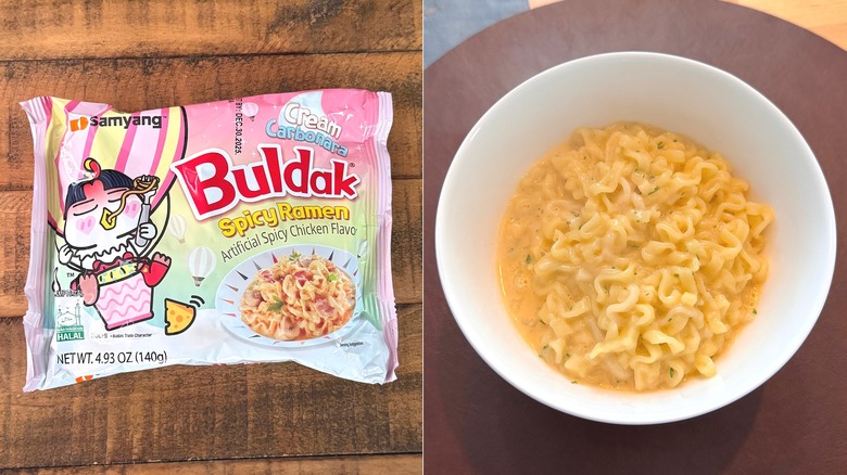 Cream Carbonara Buldak ramen packet and noodles