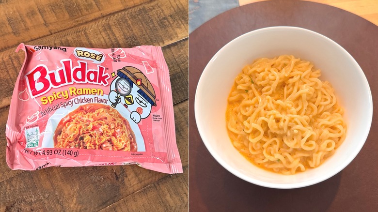 Rosé Buldak ramen packet and noodles