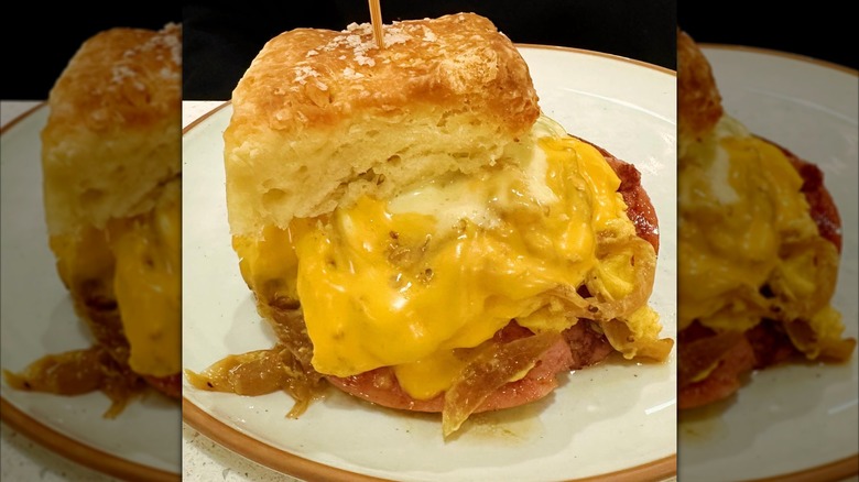 Biscuit sandwich, with eggs, cheese, and bologna