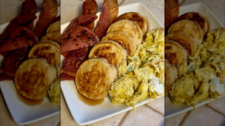 Bologna, pancakes, and eggs