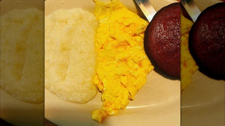 Bologna, grits, and eggs