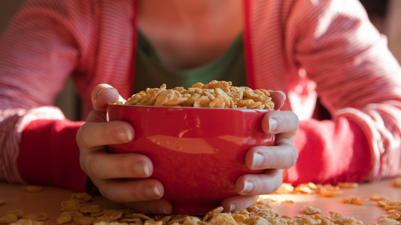 Hands holding bowl of cereal