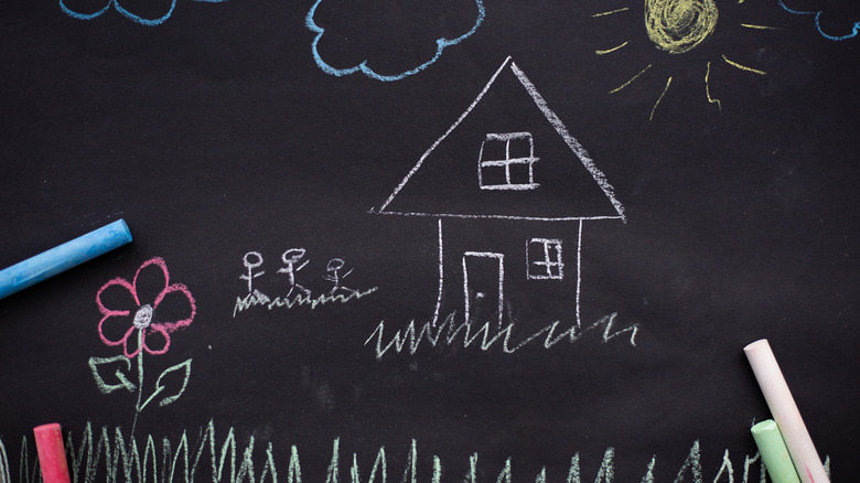 A close-up of a child's drawing of a house and family in chalk on chalkboard paint