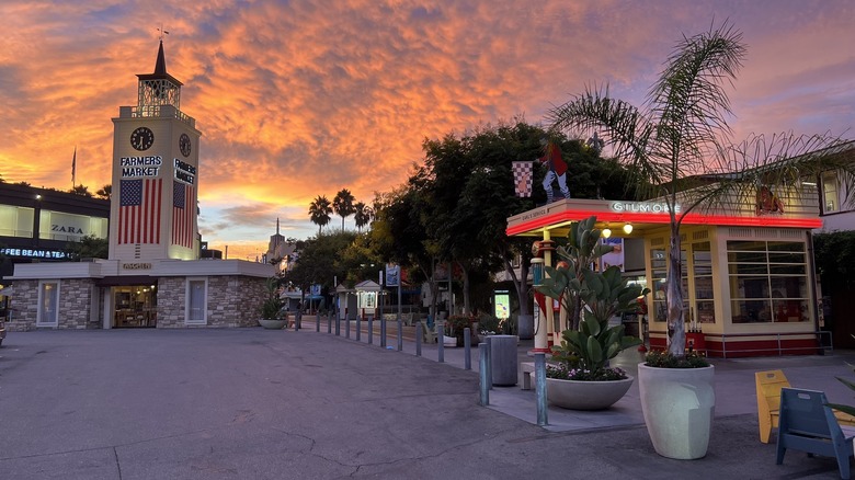 Exterior of LA Farmers Market at sunset
