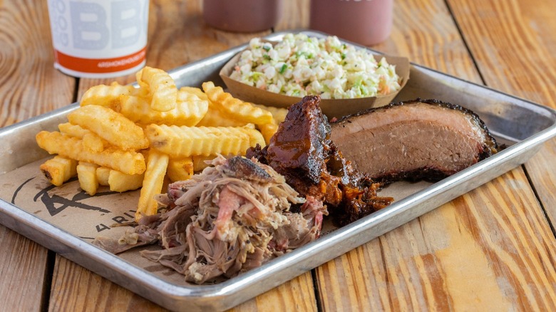 Fries, pulled pork, and ribs