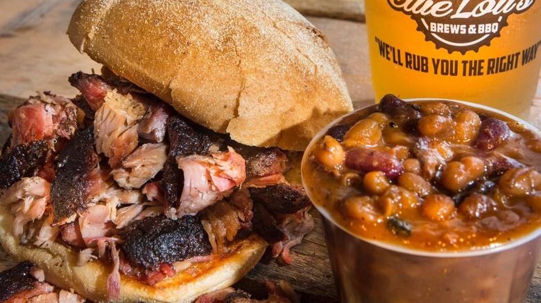 Barbecue pork sandwich and beans