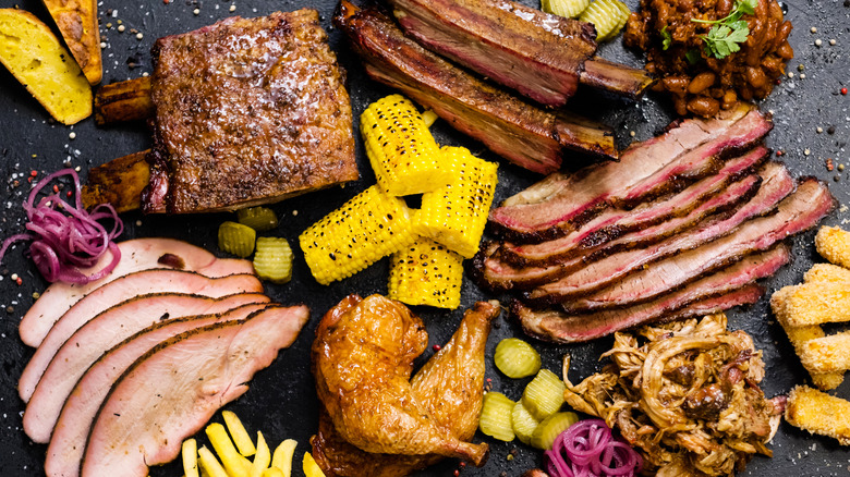 Barbecue chicken, corn, and ribs
