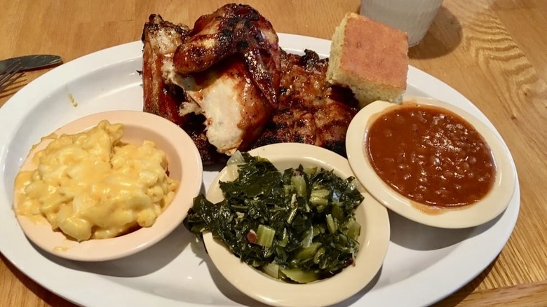 Barbecue chicken, mac, and greens