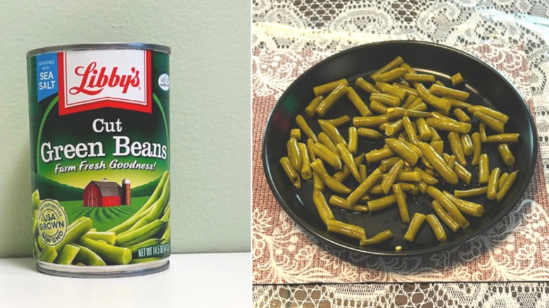 Can of Libby's Cut Green Beans beside a plate of green beans