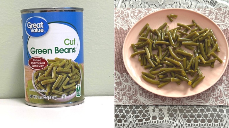 A can of Great Value Cut Green Beans beside a plate of green beans