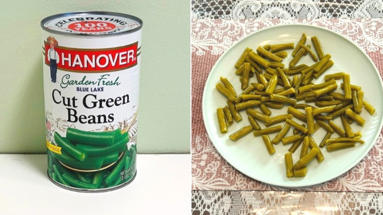 A can of Hanover cut green beans next to a plate of green beans