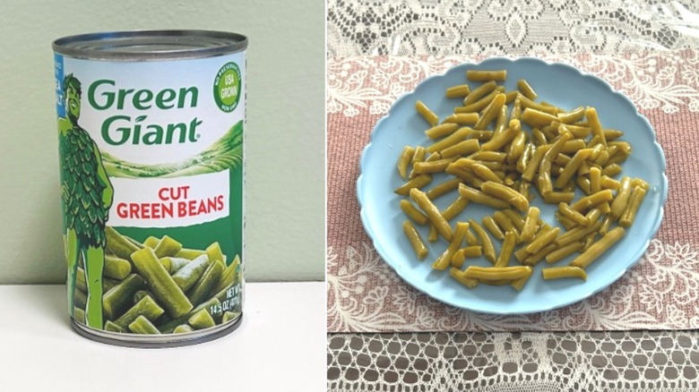 A can of Green Giant Cut Green Beans beside a plate of green beans