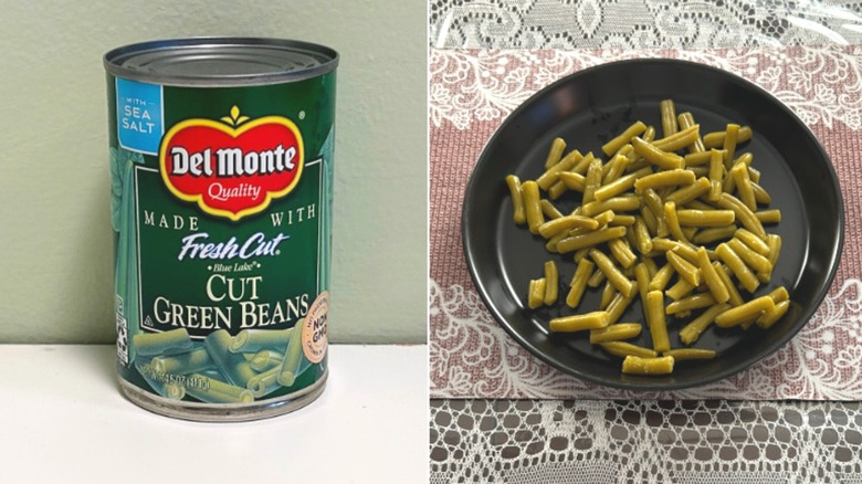 A can of Del monte Cut Green Beans beside a plate of green beans