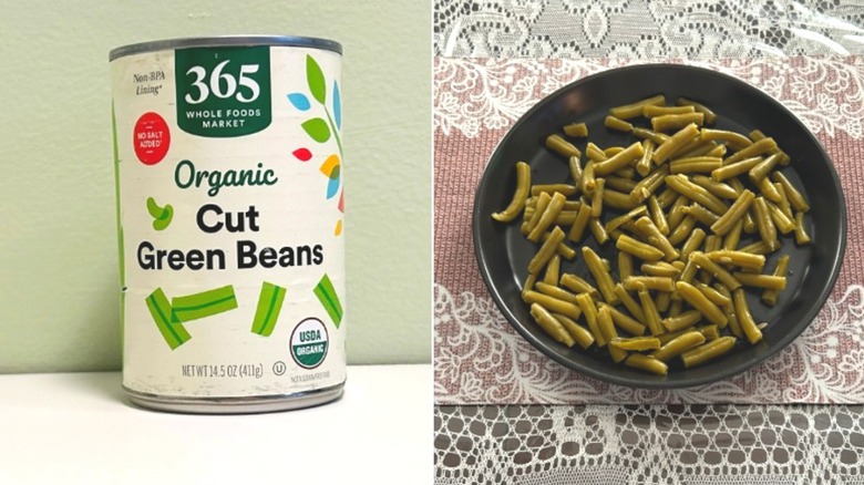 A can of 365 by Whole Foods Market Organic Cut Green Beans beside a plate of green beans