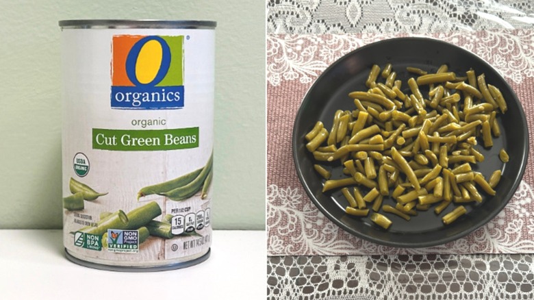 A can of O Organics Cut Green Beans next to a plate of green beans
