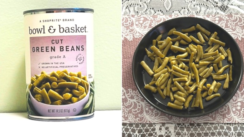 A can of Bowl and Basket Cut Green Beans beside a plate of green beans