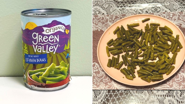 A can of Green Valley Organics green beans next to a plate of green beans