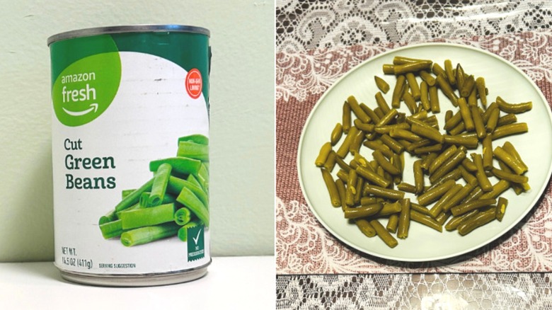 A can of Amazon Fresh cut green beans beside a plate of green beans