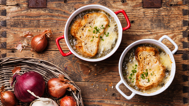 Rustic bowls of onion soup