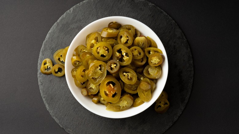 bowl of pickled jalapeños