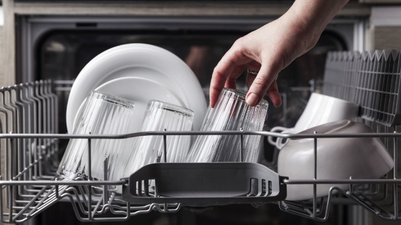 Person placing glass in dishwasher