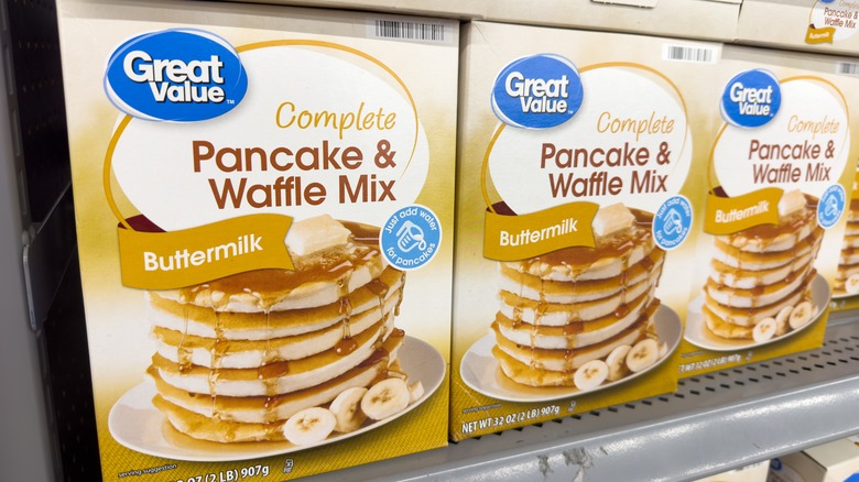 Great Value pancake mixes on shelf