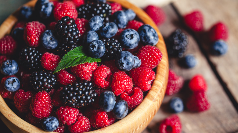 bowl of blueberries, blackberries, and raspberries