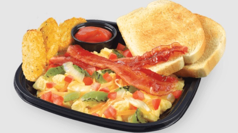 Sheetz Classic Breakfast Platter, containing toast, hash browns, bacon, and scrambled eggs
